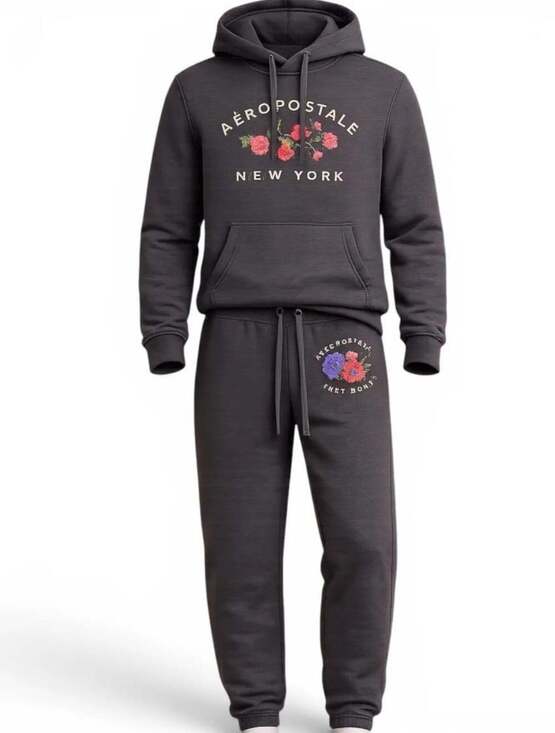 Aéropostale Pants - Aeropostale Fleece Tracksuit Set Dark Charcoal Gray Floral Hoodie Sweatpants XS